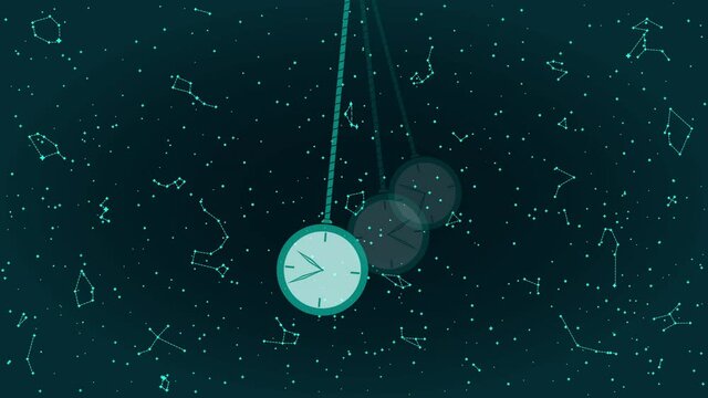 Animation of Black and Blue Swinging Pendulum with Clock. Single Object Isolated on Starry Night Background. Panoramic Sky Map of Hemisphere. Loop Seamless Stock Footage. 3D Graphic