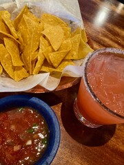 salsa and chips with strawberry margarita