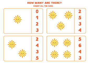 Fototapeta na wymiar Counting game with cute sun. Math worksheet.