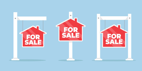 Set for sale sign. For sale sign with house in flat style.  Vector stock