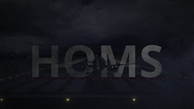 Airplane taking off from the airport with HOMS city name, 3d animation