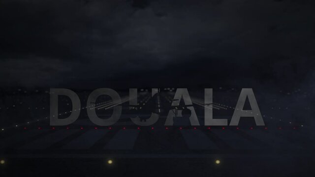 Commercial plane taking off from the airport runway and DOUALA text, 3d animation