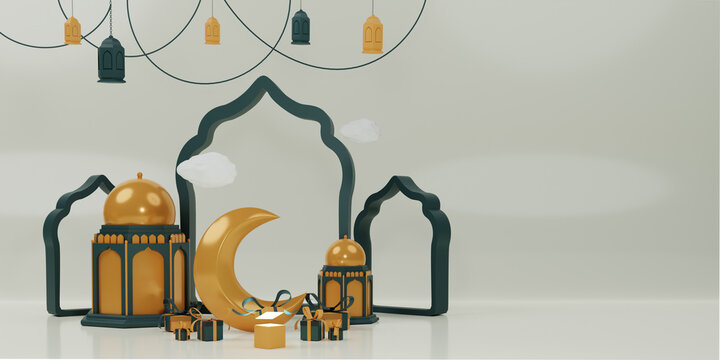 eid mubarak 3d design with several sparkling gift boxes and flying clouds decorated with lanterns