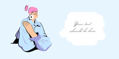 Feminist illustration. Portrait of a girl in the style of minimalism. Cartoon character girl in a blouse. Women empowerment movement. Banner with the inscription. Taking care of yourself