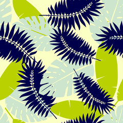 Seamless pattern. Tropical leaves, different colors - blue, blue, green. For wallpaper and fabrics.