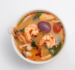 Thai Spicy Prawn Soup (Tom Yum kung) on White Background.