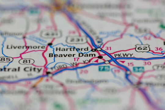 05-13-2021 Portsmouth, Hampshire, UK. Beaver Dam Kentucky USA Shown On A Geography Map Or Road Map