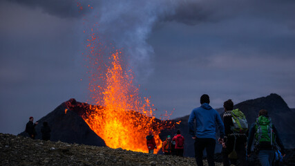 Volcanic eruption in Mt Fagradalsfjall, Southwest Iceland. The eruption began in March 2021, only about 30 km away from the capital of Reykjavik.