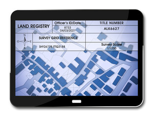 Land registry concept image with an imaginary cadastral map of territory - Property Tax on buildings with land parcel and land registry document on a digital tablet - 3D rendering