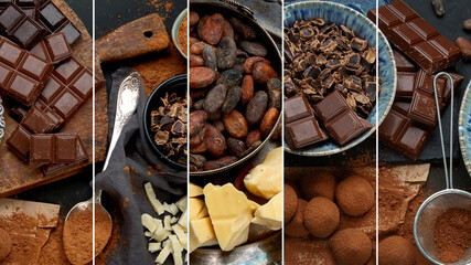 Collage of delicious chocolate bars and pieces.