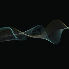 Graphic drawing, design, wave of colored dots and lines. Modern. On a black background.