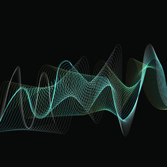Graphic drawing, design, wave of colored dots and lines. Modern. On a black background.