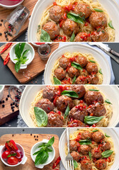 Collage of meatballs with tomato sauce and spaghetti. Authentic Italian recipe.
