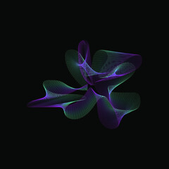 Graphic drawing, design, wave of colored dots and lines. Modern. On a black background.