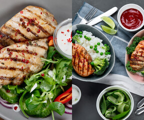 Collage of grilled chicken breast or fillet and boiled white rice.