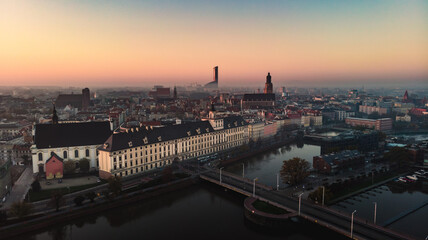 Drone aerial view of Wroclaw, Poland. University, Old Town.  Sky Tower skyscrapper in the background.