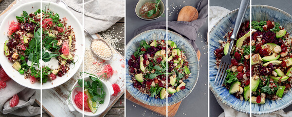 Fototapeta na wymiar Collage of quinoa salads .Healthy food concept.