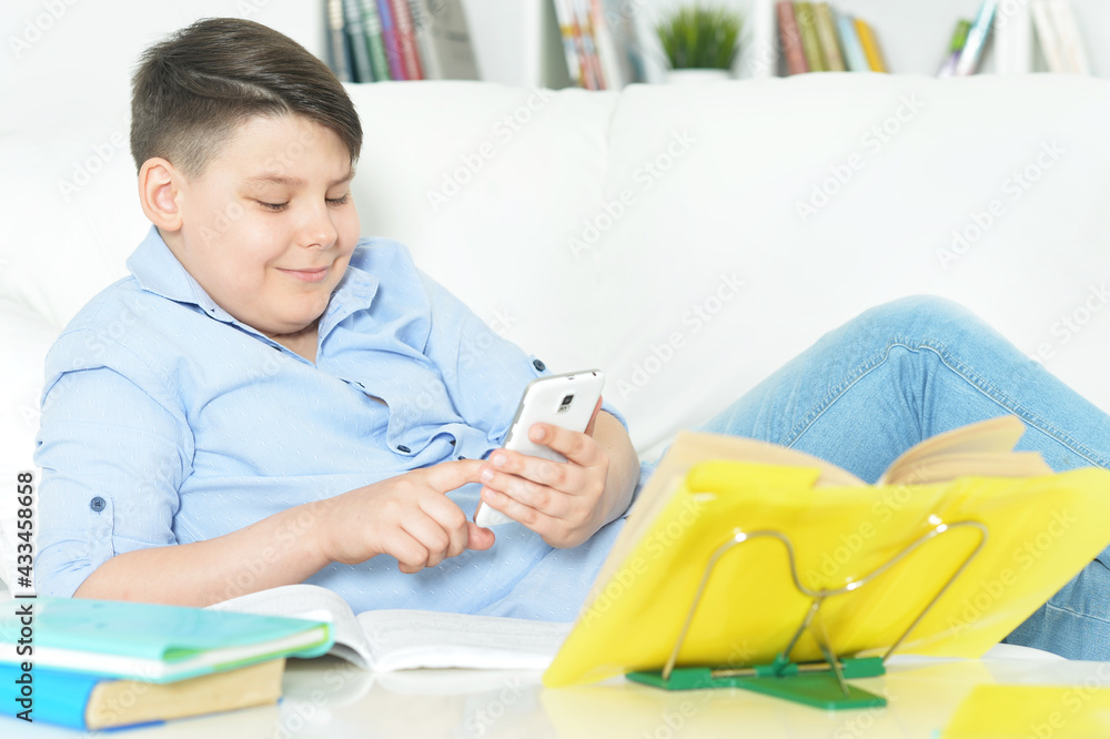 Wall mural young boy with smartphone playing the game