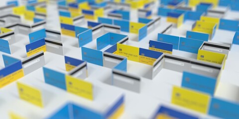 Fictional credit card maze with flag of Ukraine. Financial difficulties related 3D rendering