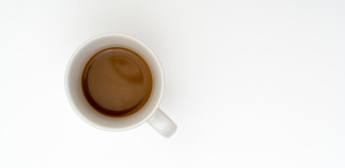 Top view, flat lay of black coffee cup on background white.