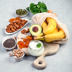 Assortment of products containing magnesium. Healthy diet food.