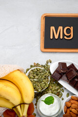 Assortment of products containing magnesium. Healthy diet food.