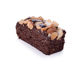 Chocolate brownie with almond on white background.