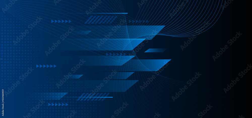 Poster abstract banner design template blue geometric lines overlapping movement on dark background.