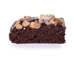 Chocolate brownie with almond on white background.
