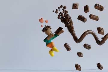 3d characters fly to pick up chocolates that are flying to celebrate world chocolate day