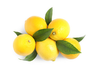 Fresh ripe lemons with leaves on white background, top view