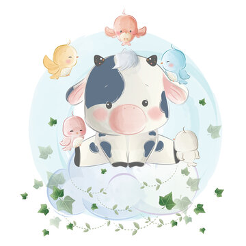 Little Calf Boy Sitting on Cute Cloud