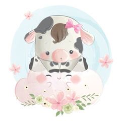 Little Calf Girl Sitting on Cute Cloud