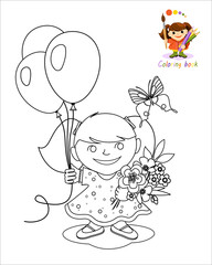 Coloring book, vector illustration of a girl with flowers and balloons.