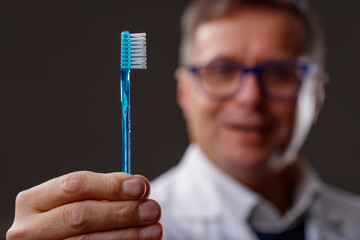 Close-up of the hand of a dentist showing a blue toothbrush