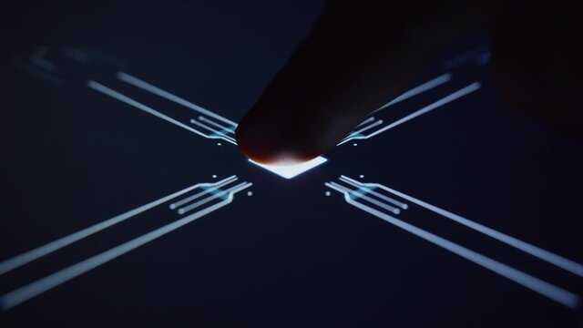 Slow motion human finger turns on touch screen button and activates futuristic artificial intelligence. Biometrics, visualization, screen, lines, e commerce, science. Close up