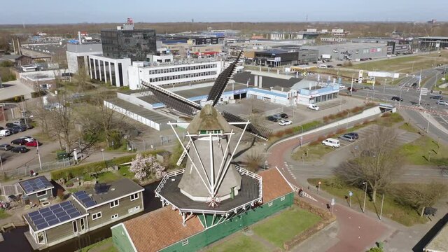 Passiebloem windmill aerial view, Zwolle cityscape and traffic
