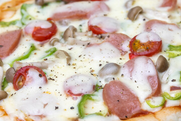 ソーセージとトマトとピーマンとキノコのピザ