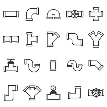 Set of plumbing pipe hardware icon. Construction connection technical pressure plumbing systems. Silhouette outline vector 640x640 pixels.