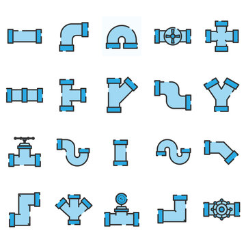 Set of plumbing pipe hardward icon. Construction connection technical pressure plumbing systems. Silhouette outline vector 640x640 pixels.