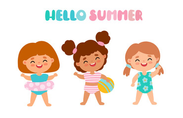 Baby girls in swimsuits with a ball and an inflatable circle for the beach. Hello summer