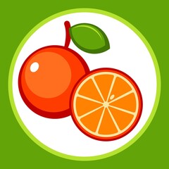 Fruit pictogram with a stylized ripe orange. Drawn fruit with leaf. Whole and cut orange. Vector illustration.