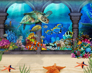 Fabulous underwater world, 3d art, 3d aquarium, coral reef, drawing for children's room, three-dimensional drawing. - 433466664