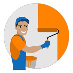 Smiling worker painter painting the wall with a roller. Vector illustration.
