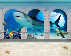 Fabulous underwater world, 3d art, 3d aquarium, coral reef, drawing for children's room, three-dimensional drawing.