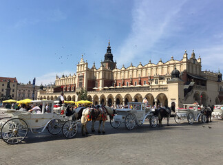 Horse-drawn carriages waiting for customers in front of the Cloth Hall in Krakow's Main Square (Polish: Rynek Główny).
