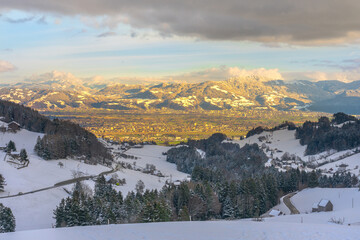 sunny Rhine Valley in white cold winter