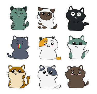 Character cartoon cat vector set pastel color with line cut.
