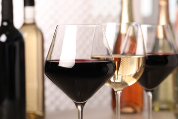 Different sorts of wine in glasses, closeup