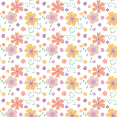 Vector floral pattern in doodle style with flowers and leaves. Gentle, spring floral background. Cute childish print. Vector illustration in Scandinavian decorative style.
